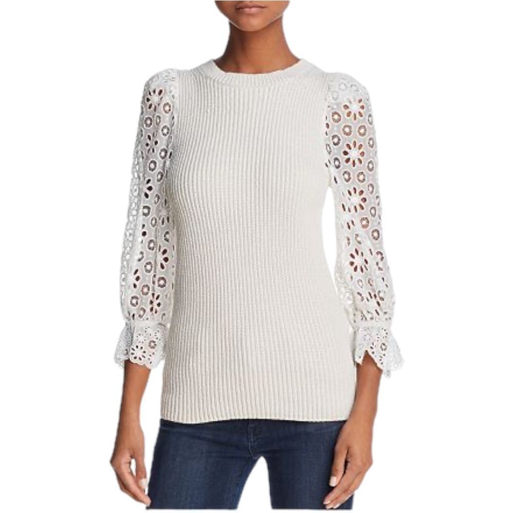 Rebecca Taylor Lace Sleeve Cream Pullover Sweater Size M
